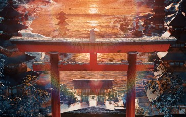 Sunrise, Japan, Torii, Snow, Portrait Display Wallpaper