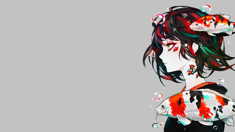 Anime Girls, Short Hair, Kimono, Side View, Multi-colored Hair, Fish Wallpaper