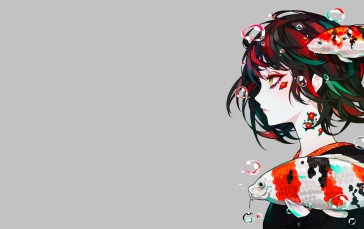 Anime Girls, Short Hair, Kimono, Side View, Multi-colored Hair, Fish Wallpaper