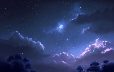AI Art, Trees, Night, Clouds, Blue, Stars Wallpaper