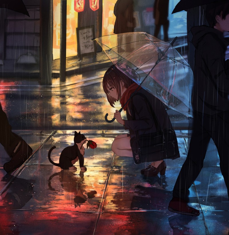 Anime, Umbrella, Rose, Bag, Rain Wallpaper