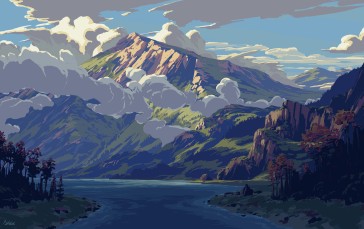 Artwork, Digital Art, Nature, Trees, Mountains, Clouds Wallpaper