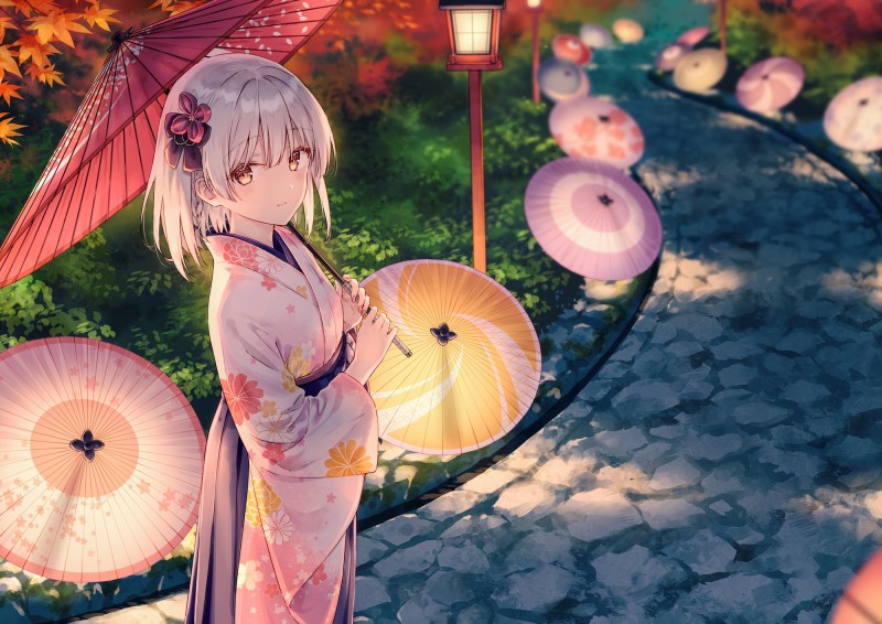 Anime Girls, Gray Hair, Yellow Eyes, Kimono, Umbrella Wallpaper