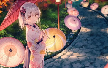 Anime Girls, Gray Hair, Yellow Eyes, Kimono, Umbrella Wallpaper