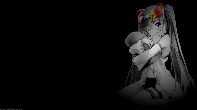 Anime Girls, Black Background, Dark Background, Simple Background, Selective Coloring, Flower in Hair Wallpaper