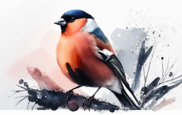 AI Art, Bullfinch, Watercolor Style, Birds, Animals Wallpaper
