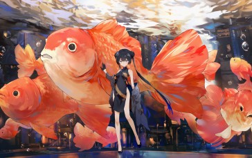 Anime, Anime Girls, Fish, Chinese Dress, Gloves, Twintails Wallpaper