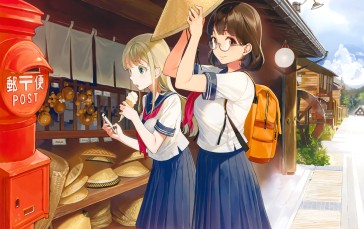 Glasses, Anime Girls, Schoolgirl, School Uniform, Backpacks, Ice Cream Wallpaper