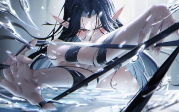 Pixiv, Anime, Water, Pointy Ears, Ribbon, Looking at Viewer Wallpaper