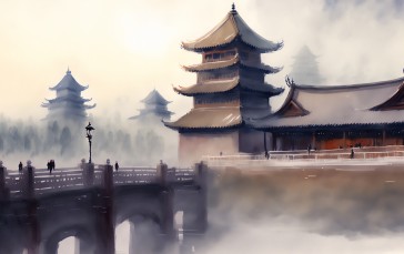 Watercolor Style, China, Architecture, Exterior Wallpaper