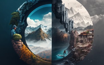 Illustration, Circle, Composite, Mountains Wallpaper