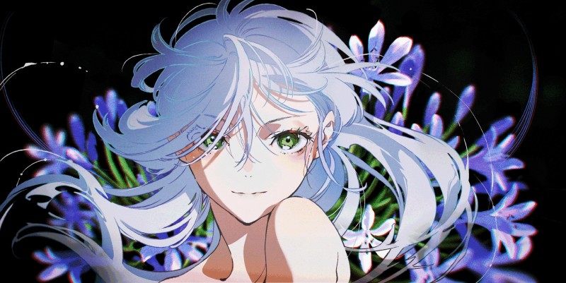 Anime Girls, White Hair, Flowers, Green Eyes Wallpaper