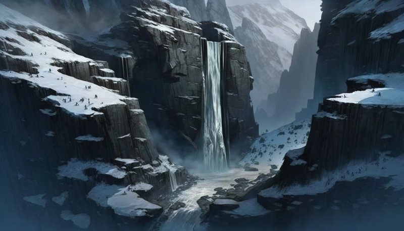 AI Art, Illustration, Winter, Snow, Waterfall Wallpaper