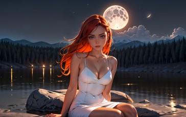 Halloween, Lake, White Dress, Night, Full Moon, Forest Wallpaper
