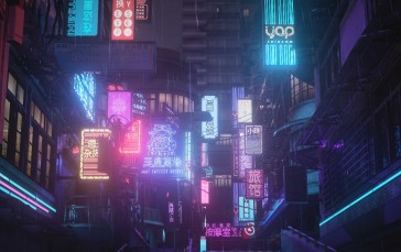 Rain, Neon, Video Games, Kanji Wallpaper
