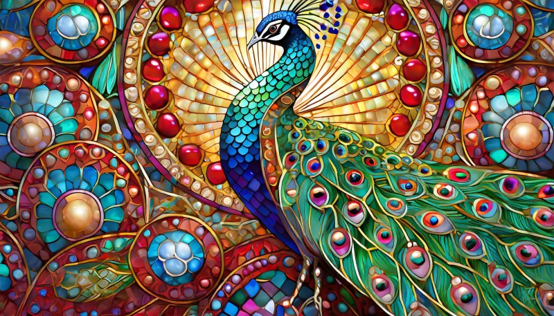 AI Art, Digital Art, Peacocks, Peacock Feathers, Red Wallpaper