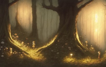 AI Art, Nature, Trees, Mushroom, Forest Wallpaper