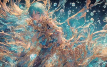 Magical Baekto (Last Origin), Anime Girls, in Water, Blue Hair, Blue Eyes, AI Art Wallpaper