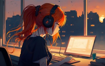AI Art, Illustration, Women, Computer, Headphones, Sunset Wallpaper