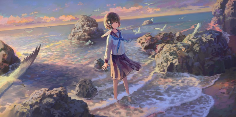 Anime Girls, Nasitaki, Original Characters, Beach, Women Outdoors, Birds Wallpaper