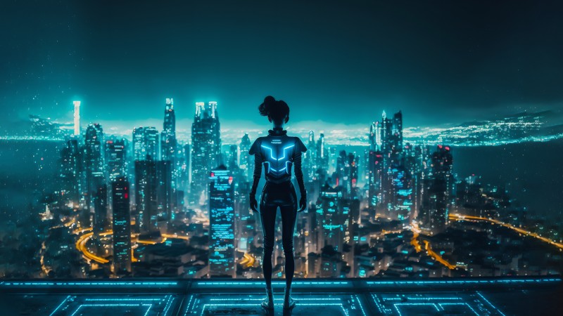 AI Art, Illustration, Cyberpunk, Rooftops, City Wallpaper