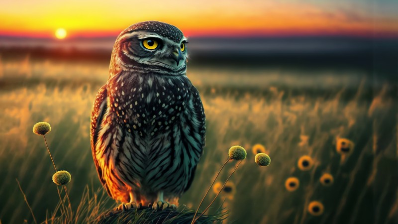 AI Art, Illustration, Owl, Field Wallpaper