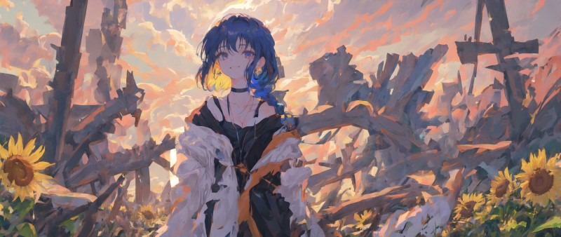 Blue Hair, Anime Girls, Sunflowers, Sunset Wallpaper