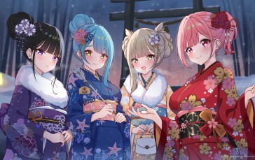 Anime, Anime Girls, Japanese Kimono, Flower in Hair, Blushing Wallpaper