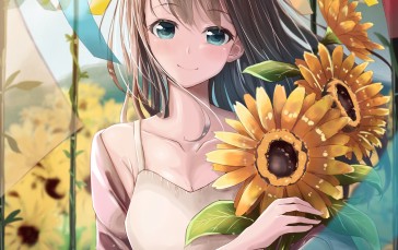 Anime, Anime Girls, Sunflowers, Portrait Display, Smiling Wallpaper