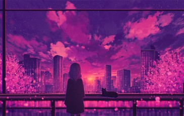 Anime Girls, Evening, Sunset Glow, Cats Wallpaper