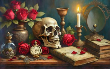 AI Art, Red, Candles, Mirror, Flowers Wallpaper