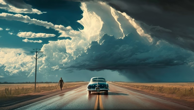 AI Art, Illustration, Road, Car, Clouds Wallpaper