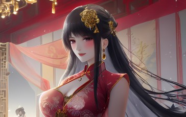 Women, Asian, Chinese Dress, Long Hair, Blushing Wallpaper