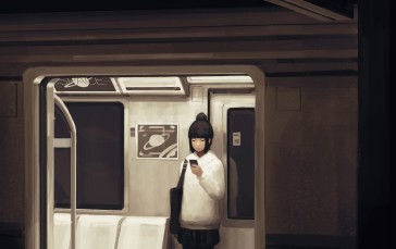 Train, Phone, Anime Girls, Closed Eyes, Hairbun Wallpaper