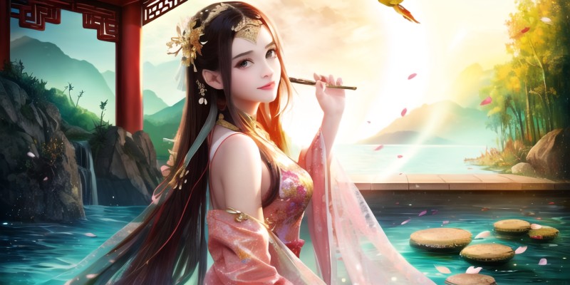 AI Art, Asian, Women, Chinese Dress, Water Wallpaper