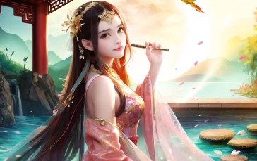 AI Art, Asian, Women, Chinese Dress, Water Wallpaper