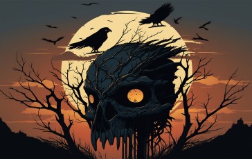 AI Art, Illustration, Raven, Skull Wallpaper