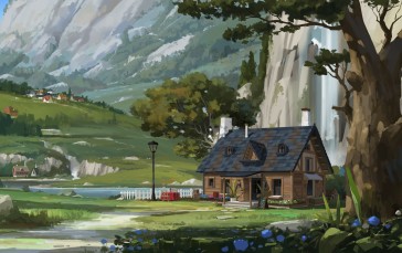 Digital Art, House, Mountains, Trees, Water Wallpaper