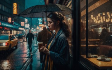 AI Art, Women, City, Umbrella, Cafe, Illustration Wallpaper