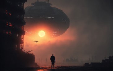 Science Fiction, AI Art, Illustration, Spaceship, Sunset, Sun Wallpaper