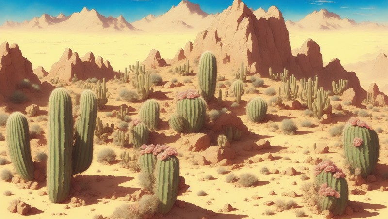 AI Art, Desert, Cactus, Nature, Mountains Wallpaper