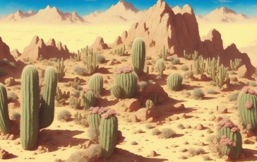AI Art, Desert, Cactus, Nature, Mountains Wallpaper