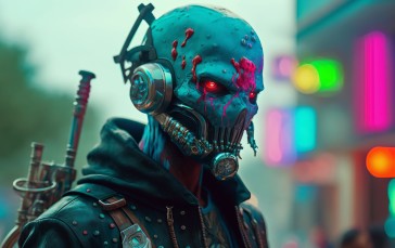 AI Art, City, Neon Sign, Cyberpunk, Helmet Wallpaper