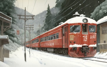 AI Art, Illustration, Train, Japan, Winter, Snow Wallpaper