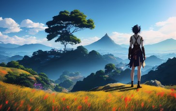Stable Diffusion, Anime Girls, Nature, Mountains, Trees Wallpaper