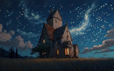 AI Art, House, Stars, Painting, Sky Wallpaper
