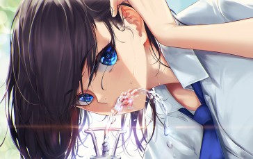 Anime Girls, Blue Eyes, Dark Hair, Drinking, Water Wallpaper