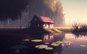 AI Art, Cottage, Water Lilies, Swamp, Nature Wallpaper