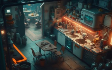 AI Art, Cyberpunk, Kitchen, Interior Wallpaper