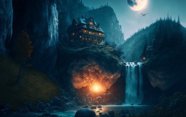 Landscape, Fantasy Castle, AI Art, Waterfall, Water Wallpaper